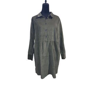 Nine West Empire Waist Olive Green Corduroy Babydoll Shirt Dress